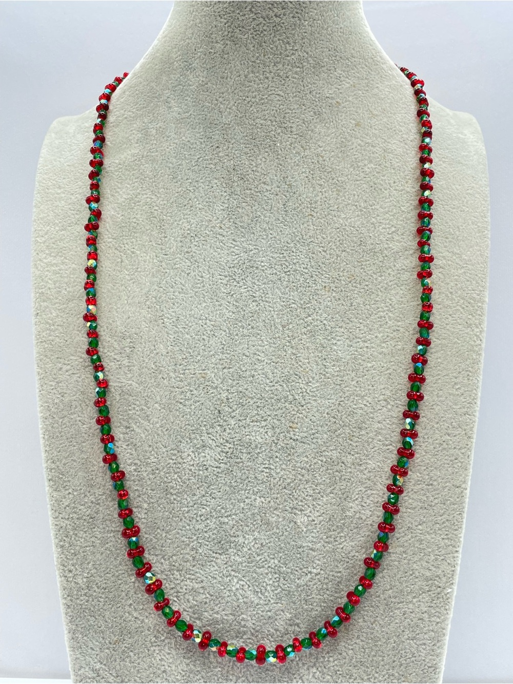 Red Green Crystal Glass Beaded Long Necklace Silver Tone Toggle Holiday Jewelry